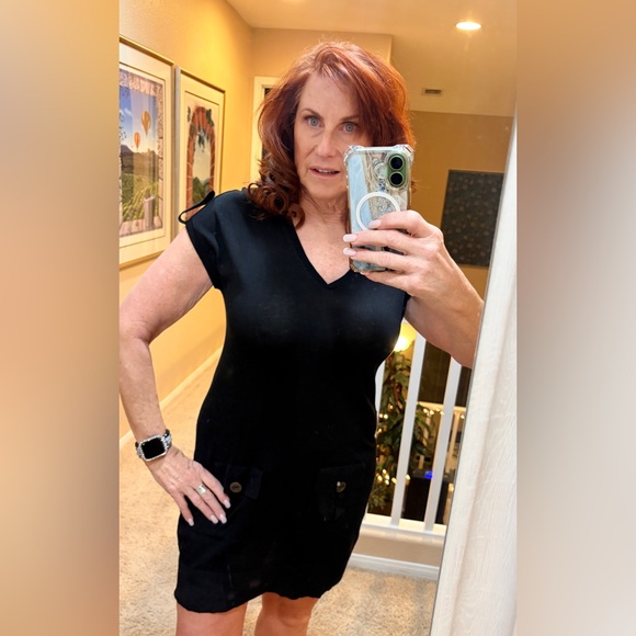 Anne Fontaine Knit Black V-Neck Dress with Pockets Size 10 - Picture 2 of 7